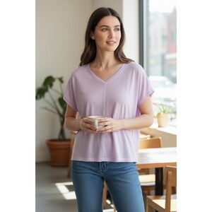 Eileen‎ Fisher Size Large Organic Linen Jersey Tee Wild Orchid Purple V-Neck